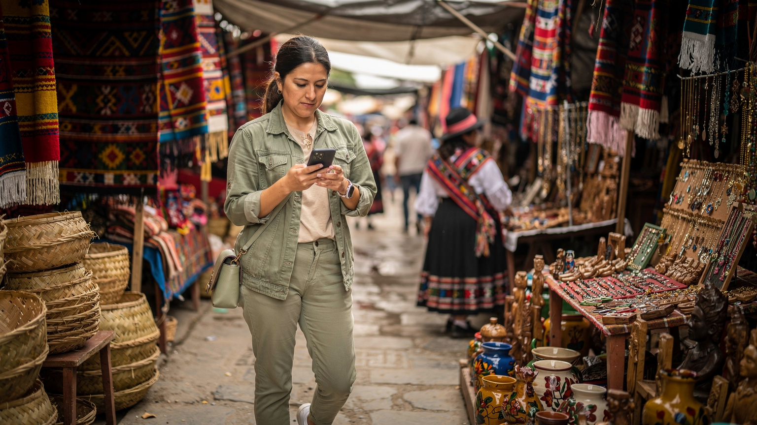 Uma mulher em um mercado vibrante de artesanato em Otavalo, Equador, consultando seu telefone para verificar informações sobre um produto, com cestas coloridas e têxteis ao redor.