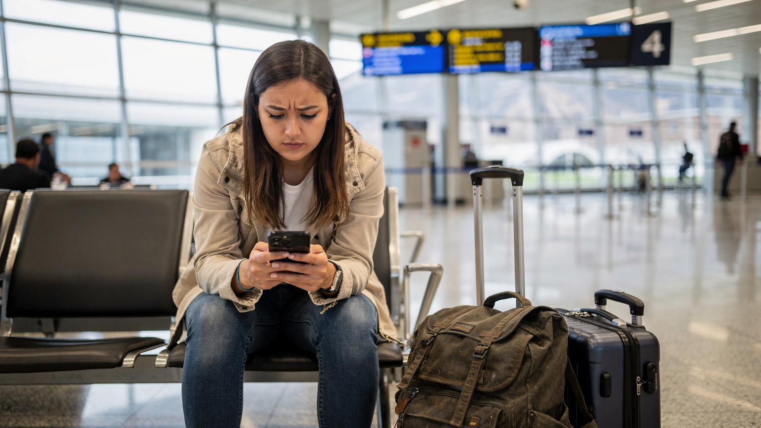 Uma mulher está olhando preocupada para a tela do seu smartphone enquanto está sentada em um banco de aeroporto no Aeroporto Internacional Mariscal Sucre, em Quito, com bagagens ao lado.