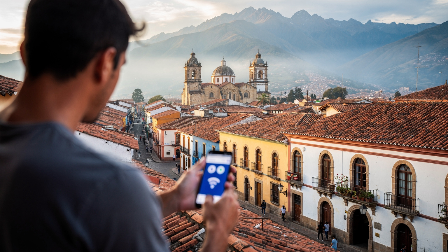Uma vista panorâmica da cidade de Cuenca, Equador, com suas igrejas coloniais e telhados vermelhos, enquanto uma pessoa em primeiro plano verifica o telefone, usando um eSIM para se conectar.