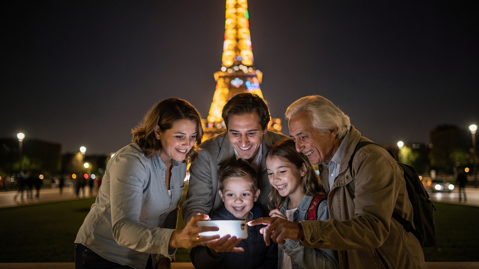 Une famille est réunie autour d'un smartphone, partageant des photos des Jeux Olympiques de Paris 2026 sur les réseaux sociaux, avec la Tour Eiffel illuminée en arrière-plan, symbolisant le partage d'expériences en direct.