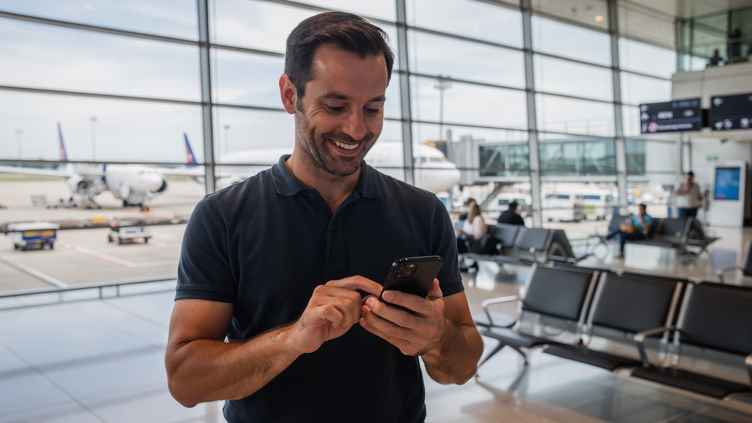 Un voyageur souriant active son eSIM sur son smartphone juste après l'atterrissage à l'aéroport de Roissy-CDG, avec des terminaux et des avions en arrière-plan, symbolisant la connectivité sans tracas dès l'arrivée.