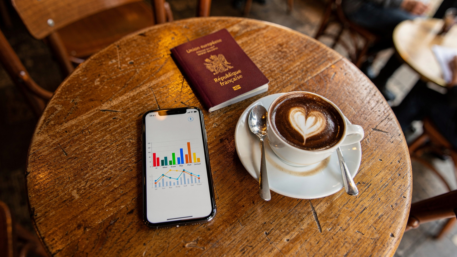 Un smartphone affichant une application de suivi de consommation de données est posé sur une table en bois d'un café parisien, à côté d'une tasse de café et d'un passeport, illustrant la gestion des données en voyage.