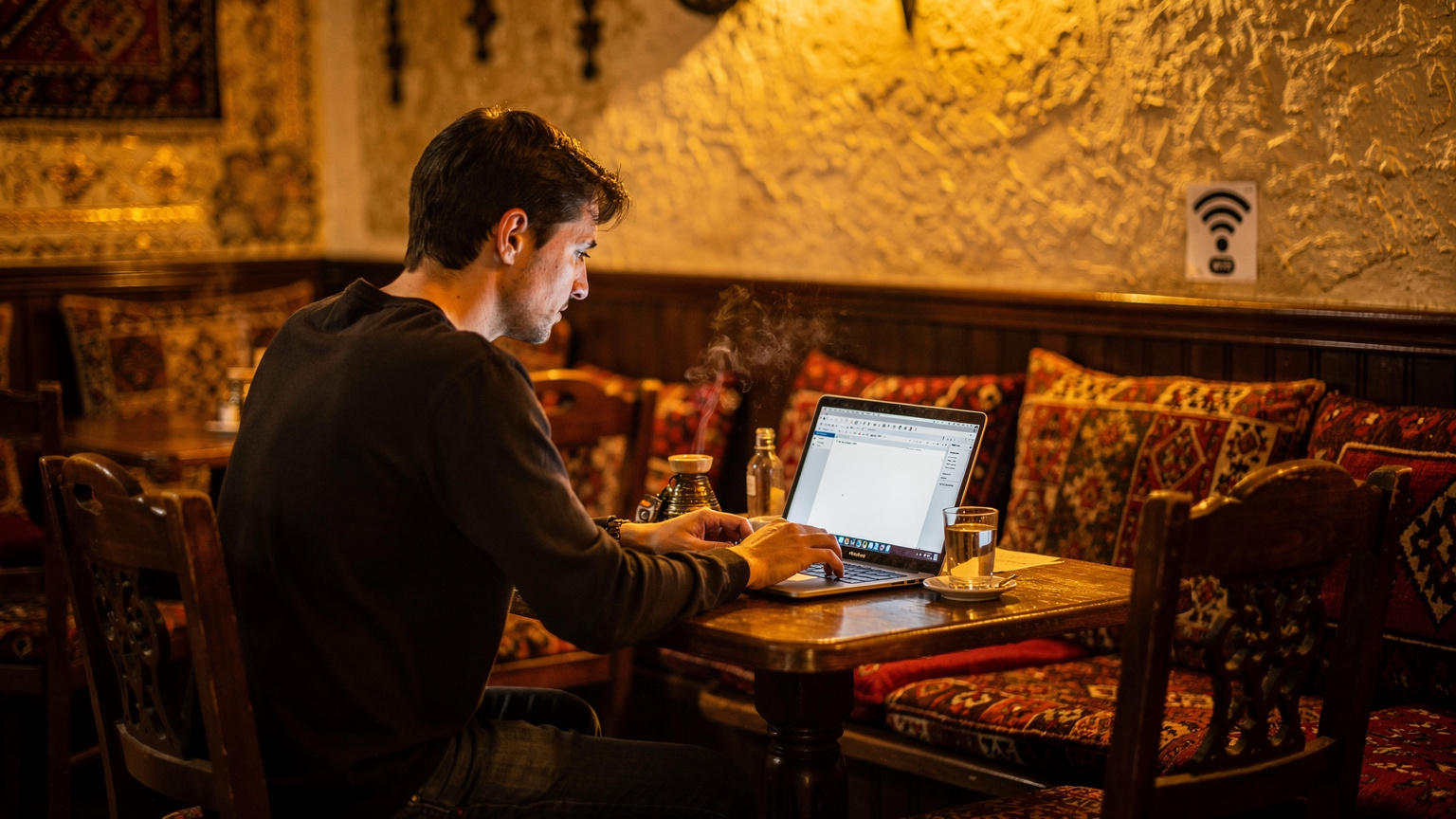 Eine Person sitzt in einem traditionellen Café in Sarajevo, Bosnien und Herzegowina, mit einem Laptop auf dem Tisch. Das Bild fängt die gemütliche Atmosphäre ein und zeigt einen Aufkleber oder ein Schild mit dem WiFi-Symbol im Hintergrund.
