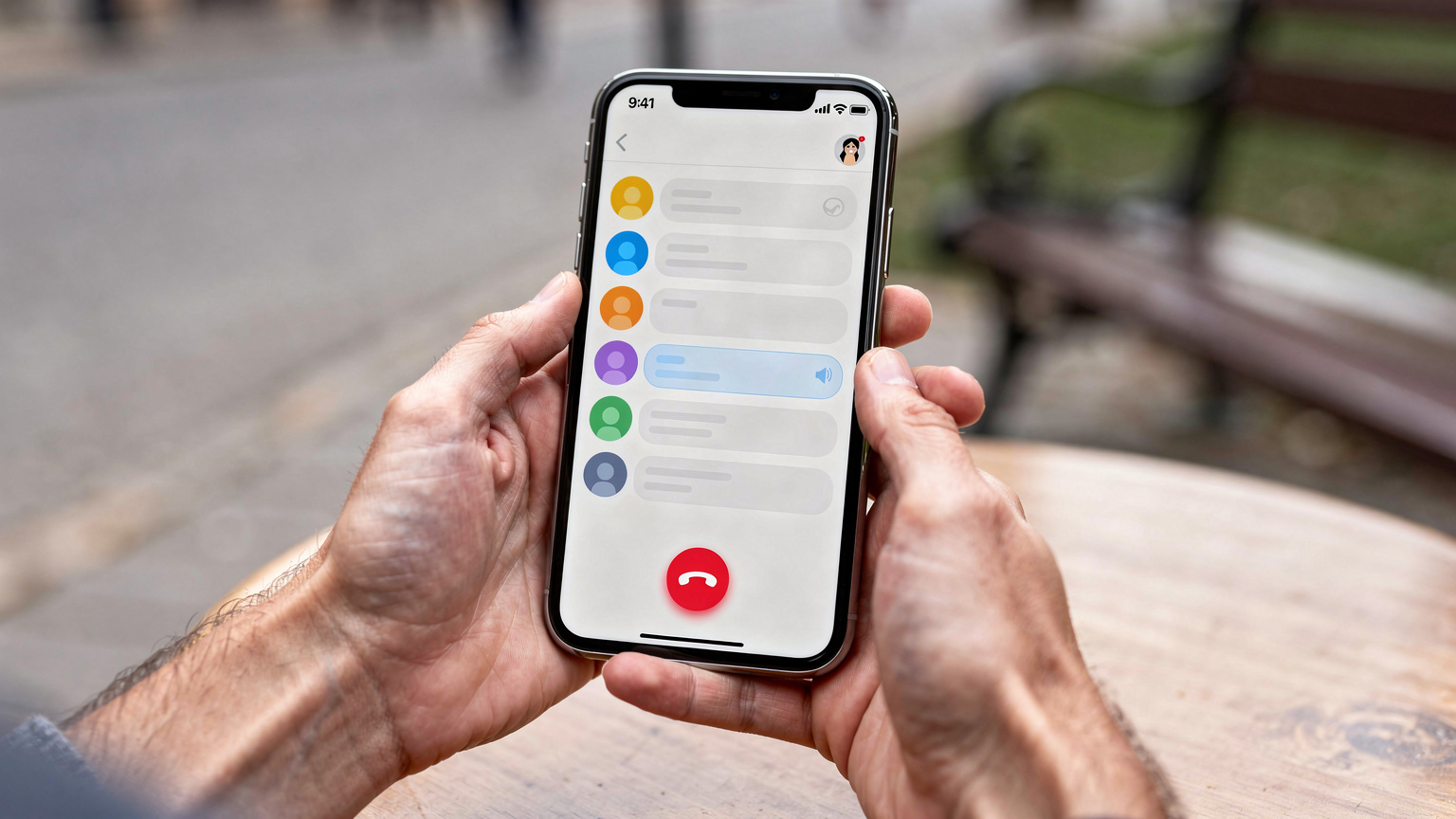 Ein Smartphone wird von Händen gehalten, die eine Messaging-App wie WhatsApp oder Telegramm öffnen, um über VoIP zu kommunizieren, da eine klassische Telefonverbindung nicht verfügbar ist. Fokus auf die Interaktion und die App-Icons.