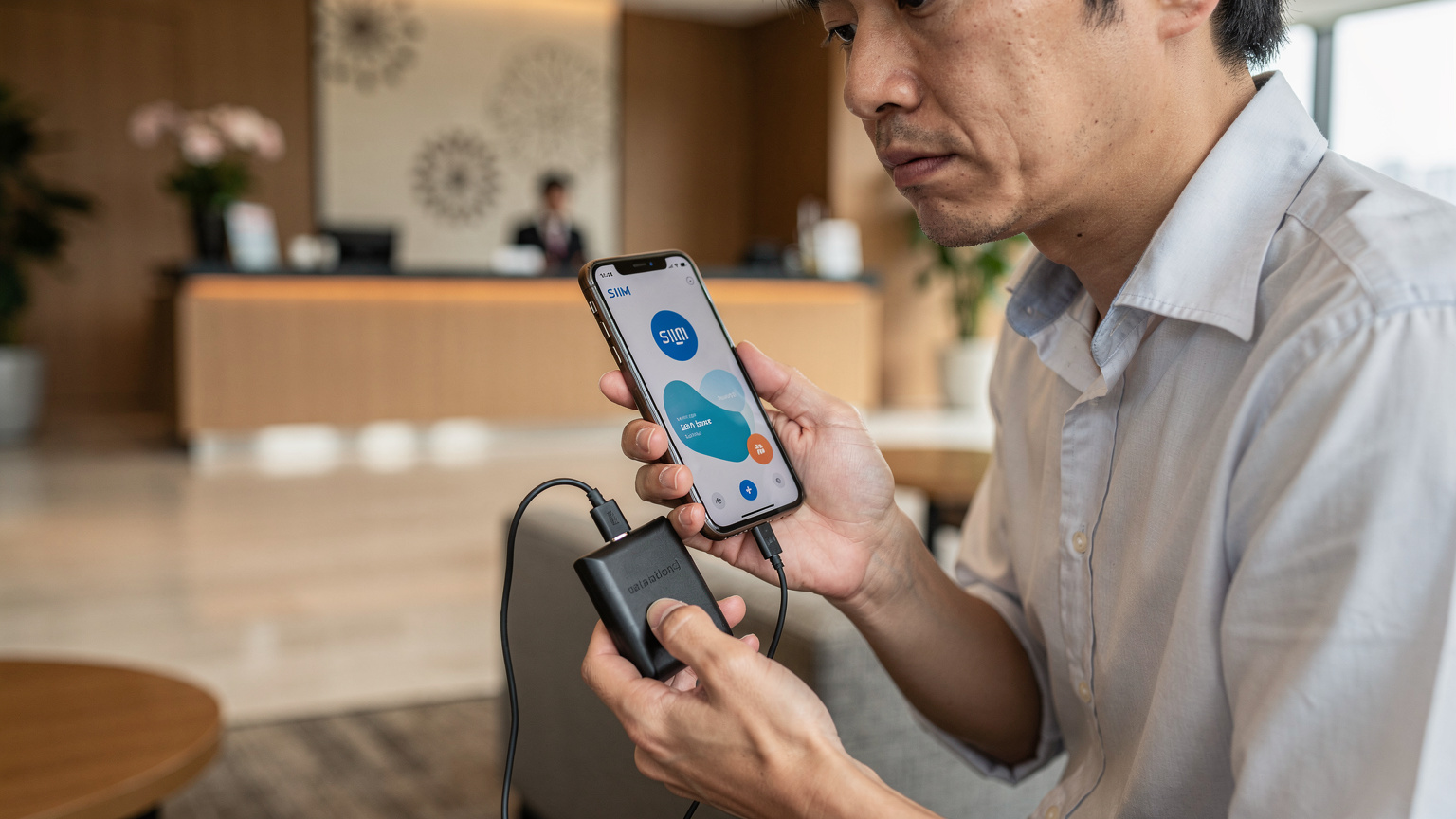旅先のホテルのロビーで、充電中のスマートフォンを操作しながら、eSIMのデータ残量を確認している旅行者の手元。少し焦った表情が見える。