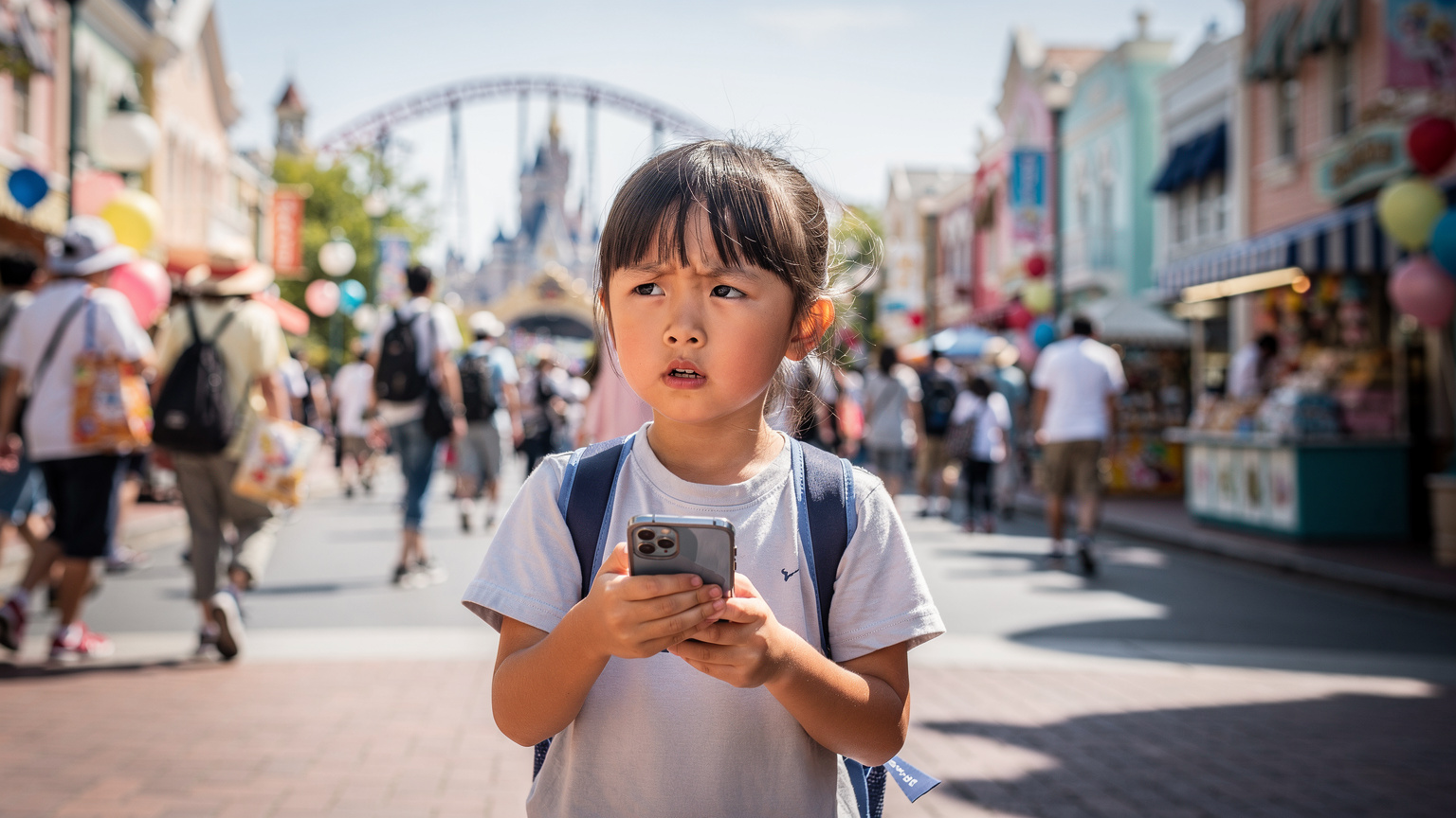 テーマパークの賑やかな通りで、迷子になった子供がスマートフォンを持って親を探している様子。