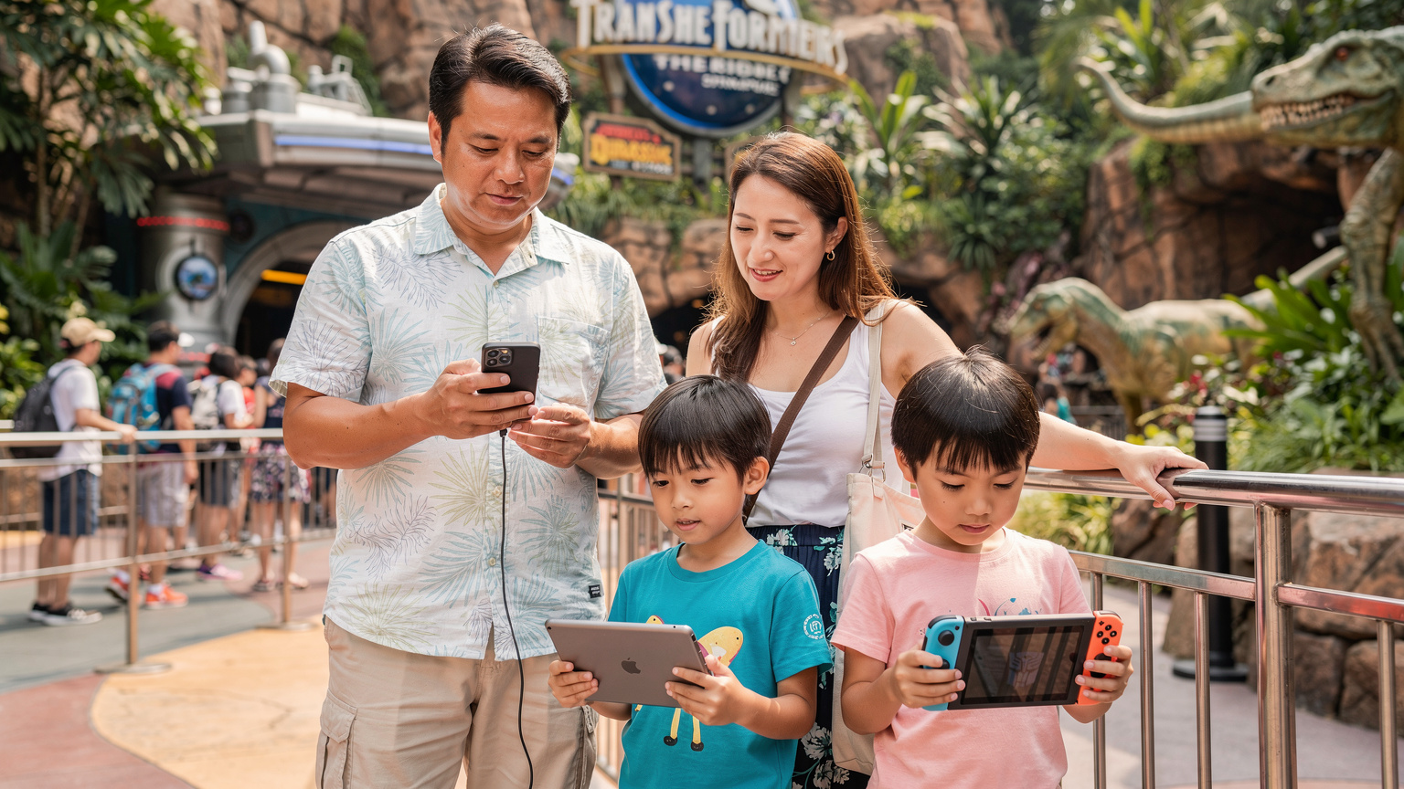 シンガポールのユニバーサルスタジオで、家族がアトラクションの待ち時間にスマートフォンを操作している様子。背景には人気のアトラクションが見える。