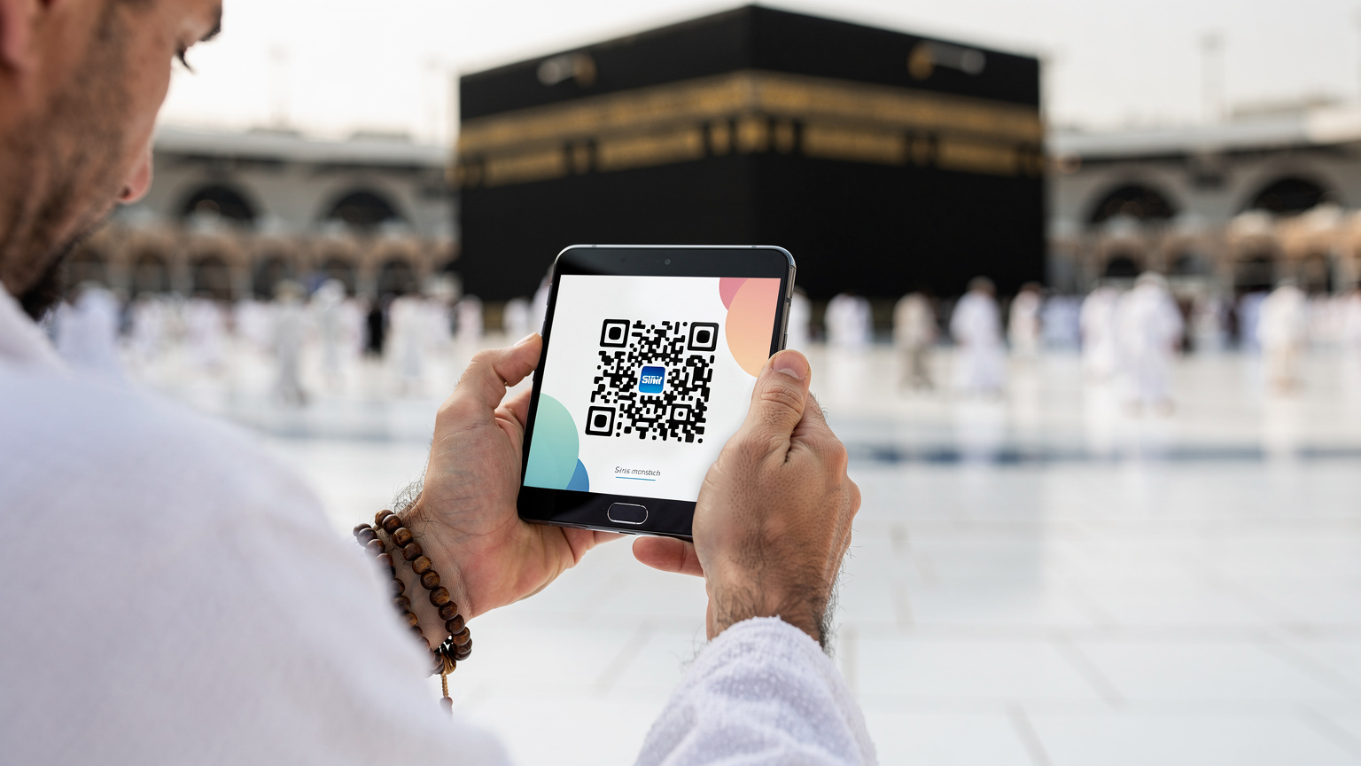 Seorang jemaah haji menatap Ka'bah yang memukau sambil memegang ponselnya yang menampilkan QR code eSIM yang berhasil terinstal, menunjukkan koneksi digital dan spiritual.