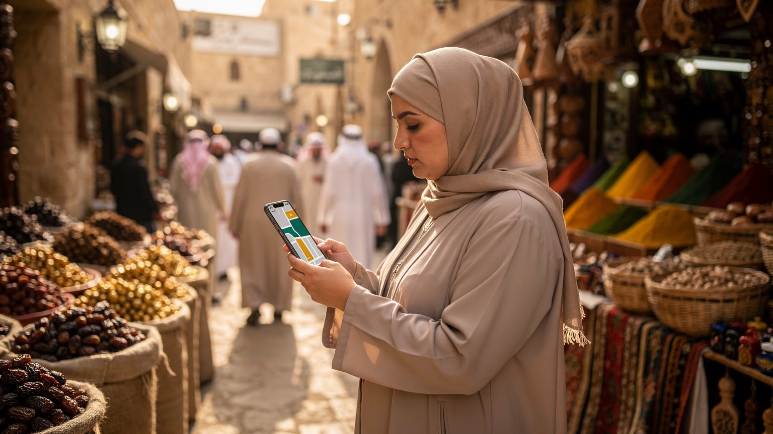 Seorang jemaah haji memeriksa ponselnya yang menampilkan peta offline di tengah keramaian pasar di Madinah, dengan latar belakang deretan toko rempah dan kurma yang khas.