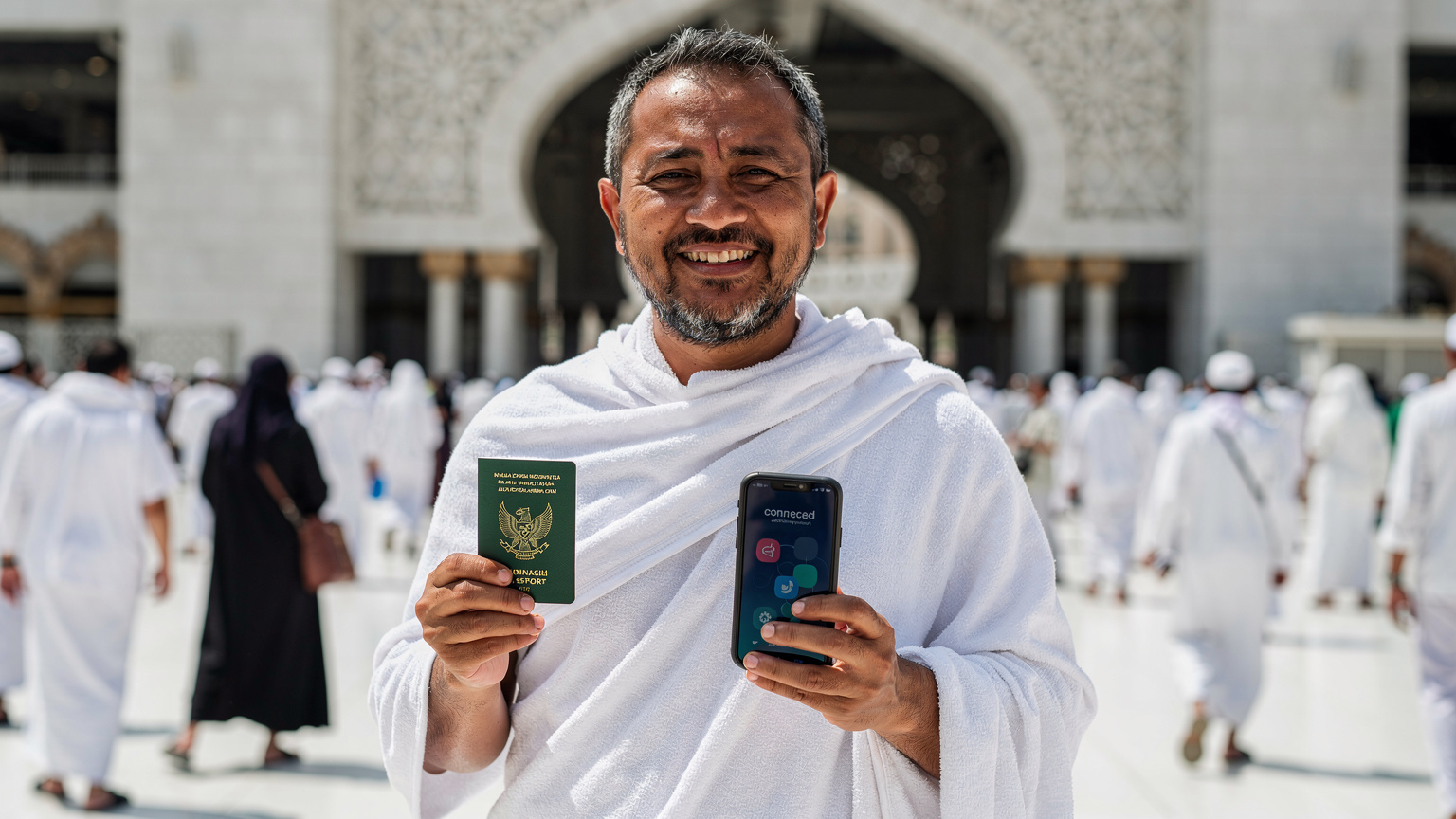 Seorang jemaah haji tersenyum sambil memegang paspor Indonesia dan ponselnya yang menampilkan notifikasi koneksi, dengan latar belakang keramaian di luar Masjidil Haram, menunjukkan persiapan penting untuk perjalanan.