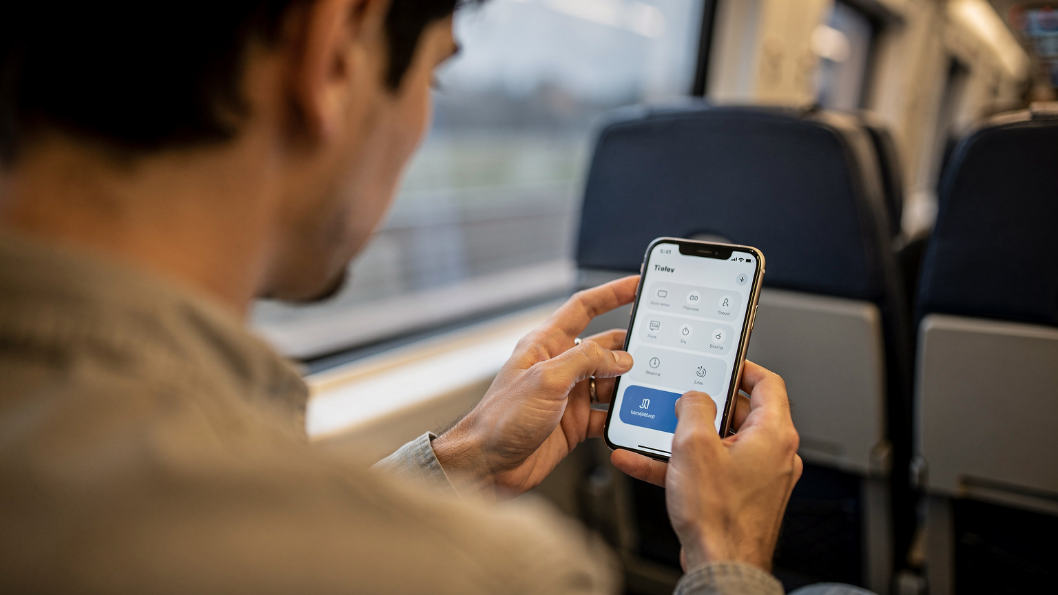 En över axeln-bild av en person som fokuserat navigerar genom inställningsmenyer på en smartphone, möjligen i en trång tågkupé.