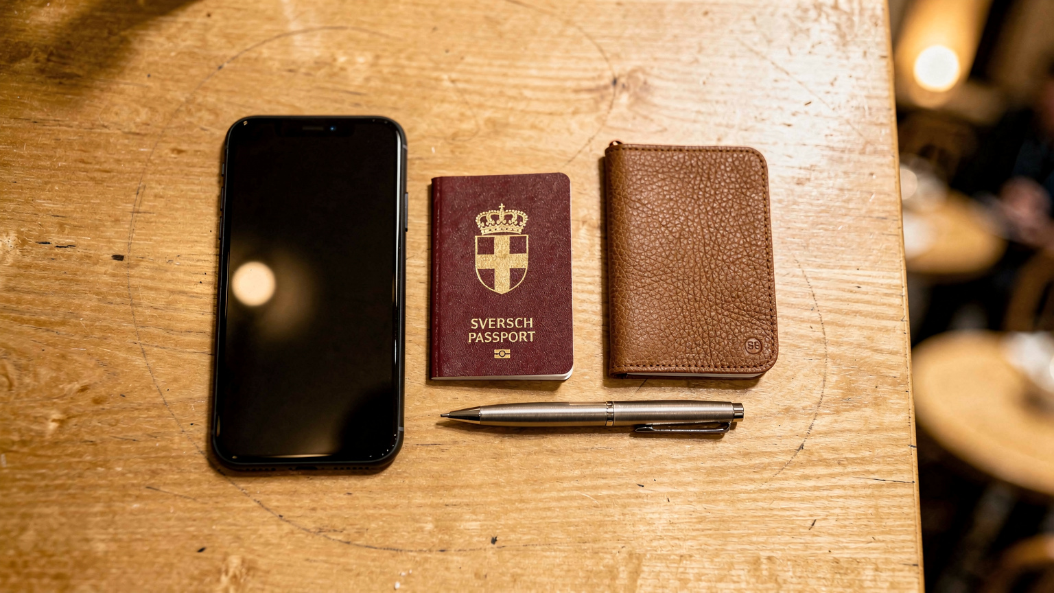 En översiktsbild av en smartphone, ett pass, en liten anteckningsbok och en penna organiserade på ett cafébord, som om man planerar en resa.