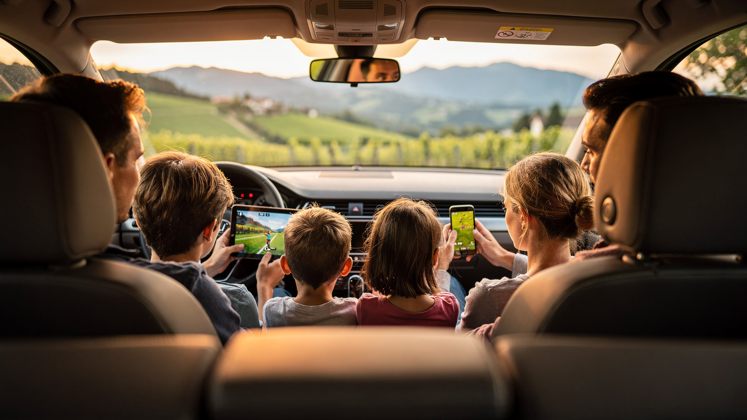En familj med två barn i baksätet av en bil, engagerade i en surfplatta och en smartphone, med ett vackert europeiskt landskap utanför fönstret.