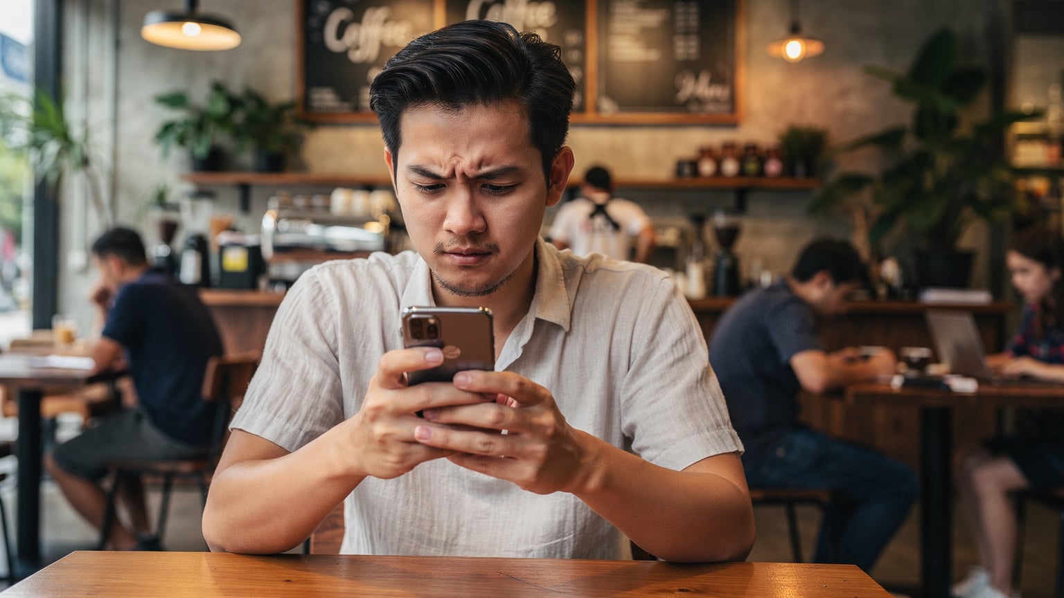 Ein junger Mann mit einem Huawei-Smartphone sitzt nachdenklich an einem Tisch in einem belebten Café in Bangkok und blickt besorgt auf sein Display, möglicherweise aufgrund von Verbindungsproblemen.