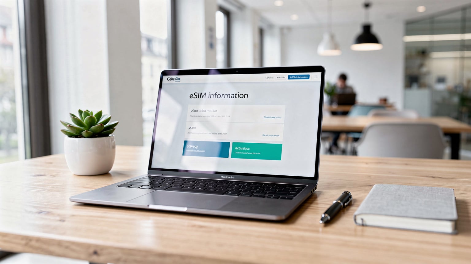 Ein modernes, schlankes Notebook mit einem geöffneten Browser, der eine Webseite mit eSIM-Informationen anzeigt, steht auf einem Holztisch in einem hellen Co-Working Space in Zürich.
