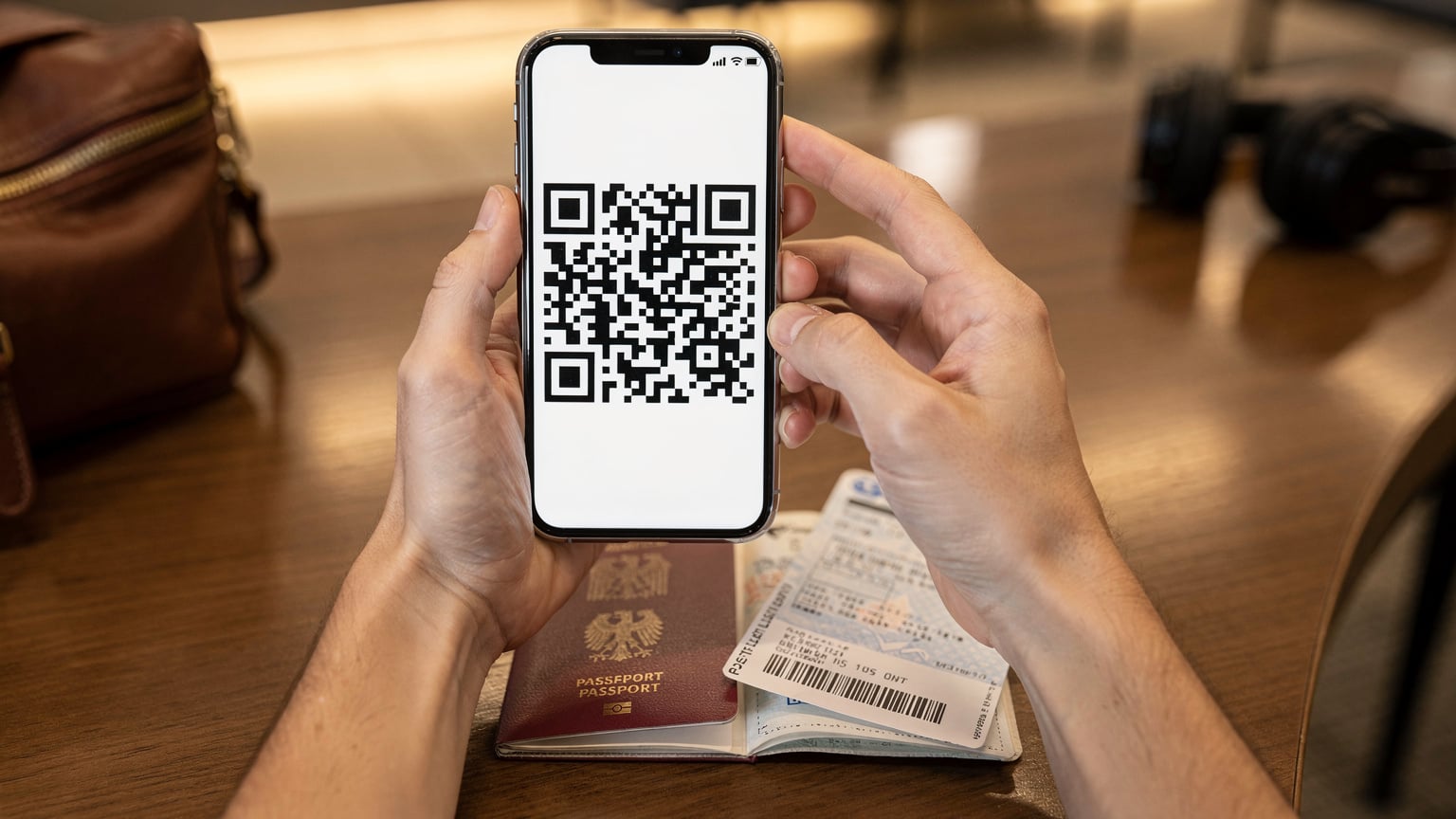 Eine Nahaufnahme zeigt ein Smartphone mit einem Bildschirm, der einen QR-Code für die eSIM-Aktivierung anzeigt, gehalten über einem geöffneten Reisepass und Flugtickets auf einem Tisch im Flughafen-Lounge-Bereich.