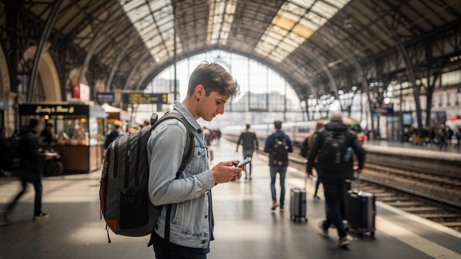 Мандрівник з рюкзаком і смартфоном на пероні паризького вокзалу Gare du Nord, перевіряє маршрут до олімпійського об'єкта.