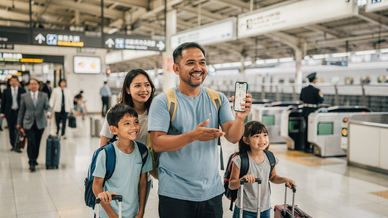 Seorang ayah tersenyum sambil memegang smartphone-nya yang menampilkan peta, mengarahkan keluarganya yang tersenyum saat berjalan di stasiun kereta di Jepang yang ramai.