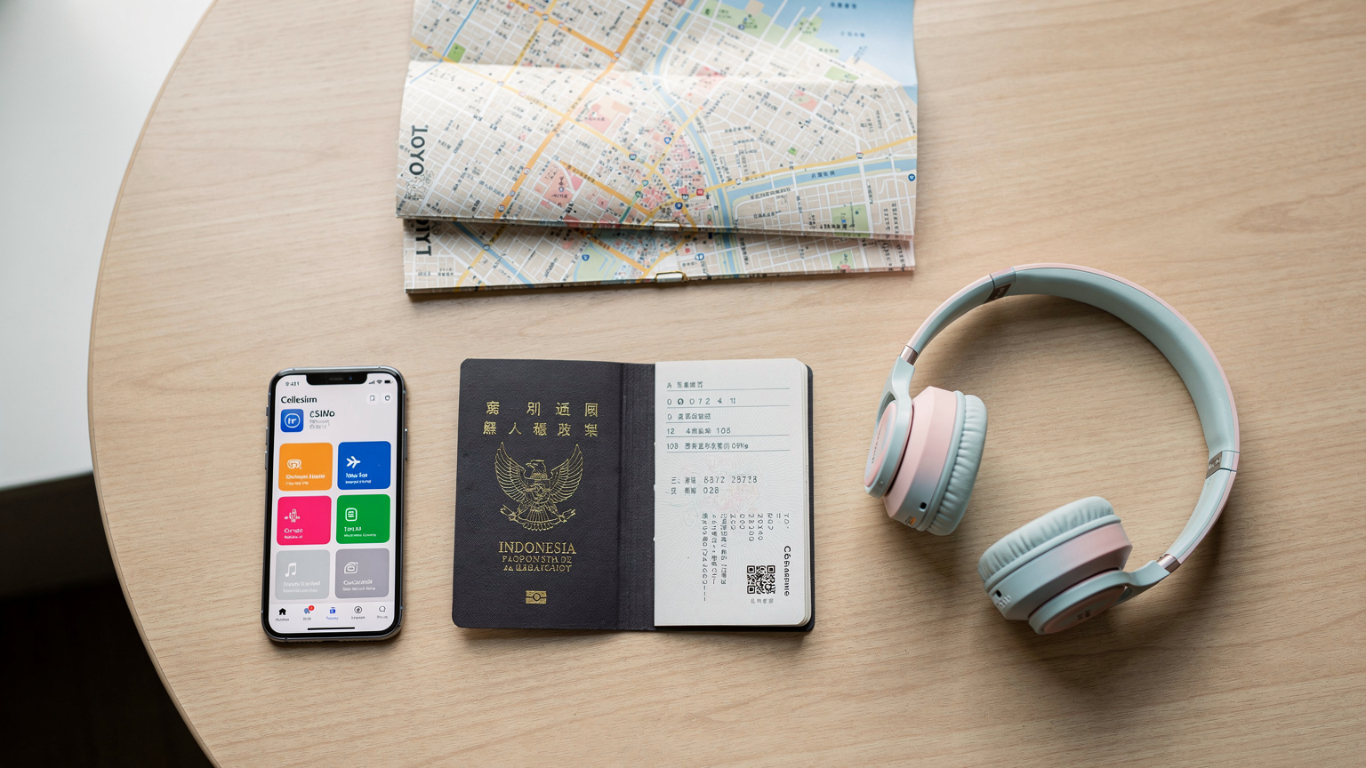 Tampilan atas meja kayu modern dengan paspor Indonesia terbuka, smartphone dengan aplikasi Cellesim, headphone anak-anak, dan peta cetak Tokyo yang terlipat rapi, menunjukkan perencanaan perjalanan yang terorganisir.