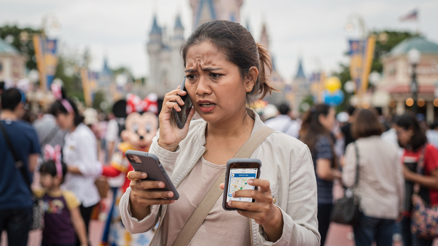 Seorang ibu terlihat panik di Tokyo Disneyland, memegang smartphone dengan peta di satu tangan dan smartphone lain di telinga, mencoba menemukan anak-anaknya di tengah keramaian pengunjung.