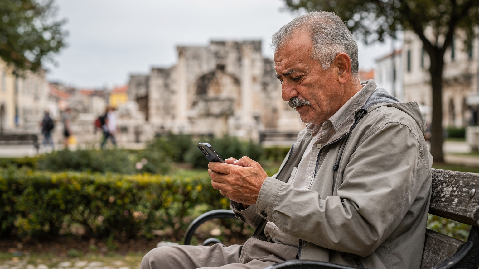 Hırvatistan'ın Zadar şehrinde, bir bankta oturan yaşlı bir adamın, elindeki akıllı telefonda eSIM kurulumu yapmaya çalıştığı an.