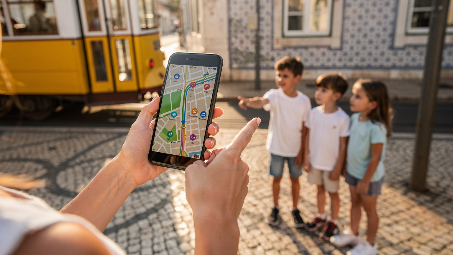 Un telefono con l'app Moovit aperta mostra un percorso del tram a Lisbona, tenuto in mano da una madre che indica una direzione ai suoi figli, in piedi vicino a una fermata del tram.