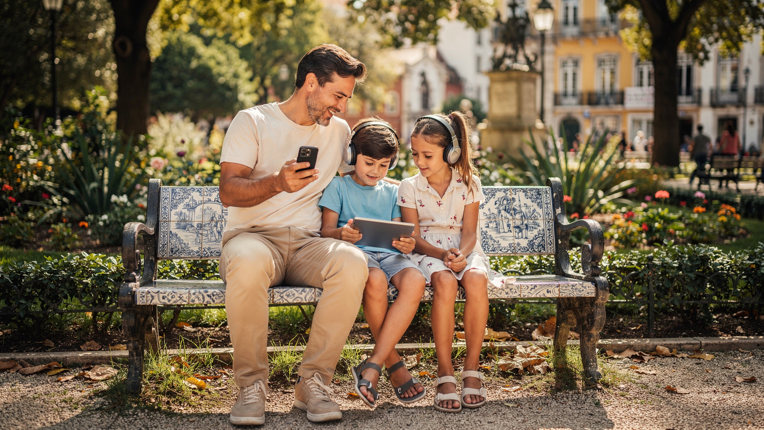 Un padre sorridente fa hotspot dal suo smartphone mentre i suoi due figli, seduti su una panchina in un parco di Lisbona, guardano un tablet con le cuffie.