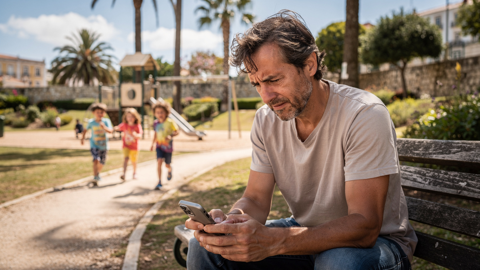 Un genitore è seduto su una panchina in un parco di Lisbona, guardando con preoccupazione il suo smartphone, mentre i suoi bambini giocano in sottofondo, ignari del problema di connettività.