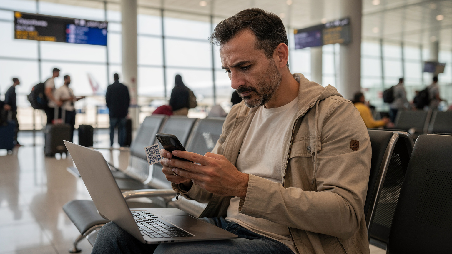 Мужчина пытается отсканировать QR-код eSIM с экрана ноутбука в аэропорту, вокруг него другие путешественники, спешащие к выходам на посадку. На его лице легкое беспокойство.