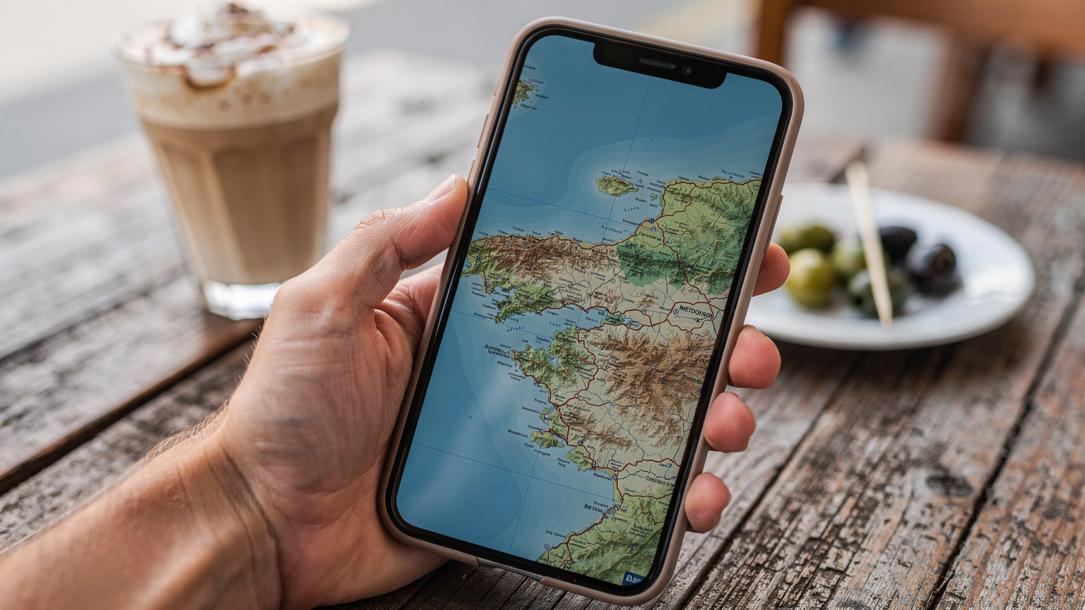 Mână de călător care ține un smartphone afișând o hartă offline a insulei Creta, cu o băutură locală pe o masă de lemn în fundal.