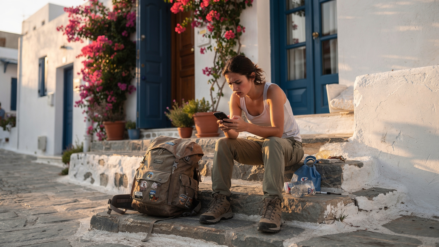 O backpackeriță româncă stă pe treptele unui hostel din Naxos, Grecia, cu o expresie frustrată, privind telefonul pe care afișează un mesaj de eroare de rețea, cu rucsacul lângă ea.