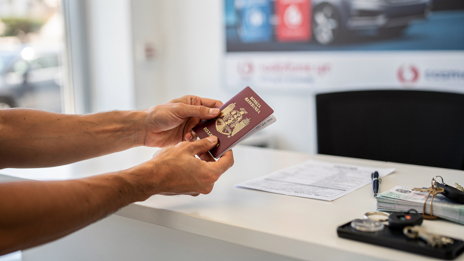 Mână de călător român care predă pașaportul la un ghișeu de închirieri mașini pe insula Rodos, cu un afiș al unei companii de telefonie mobilă greacă în fundal.