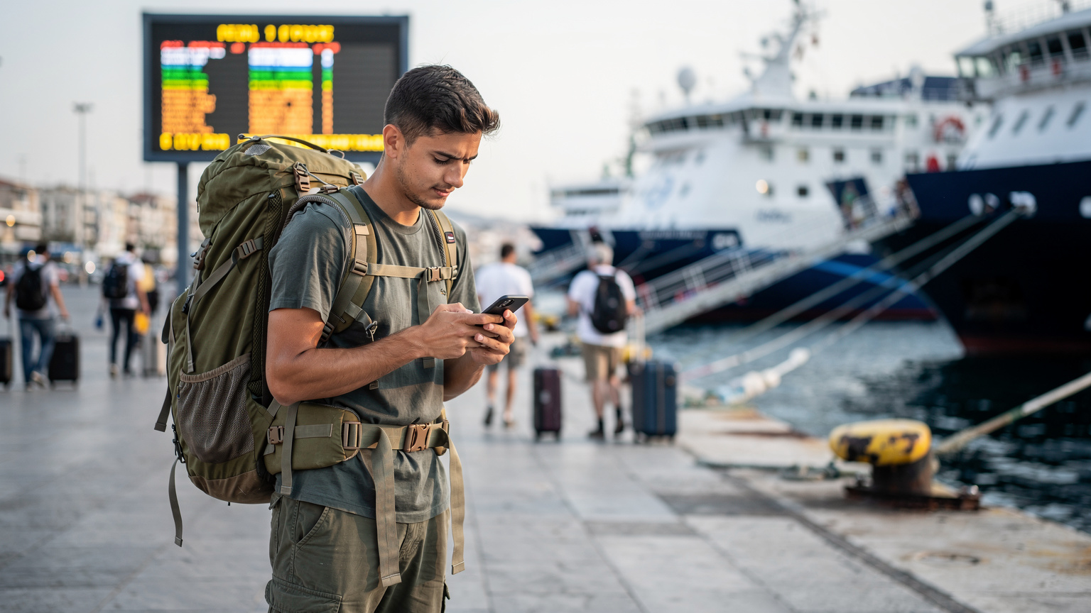Un tânăr român cu rucsac, folosind telefonul pentru a verifica harta în fața unui panou cu orarul feriboturilor în portul din Pireu, Grecia.