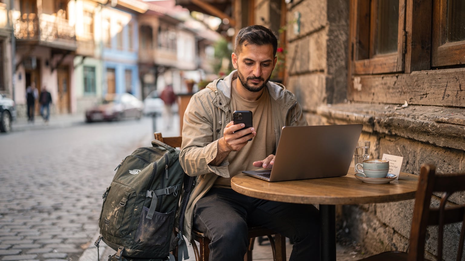 Bir dijital göçebe, laptopundaki eSIM'i aktive etmek için elindeki telefonla QR kodu tararken, arka planda Tiflis'in tarihi sokakları görünüyor.