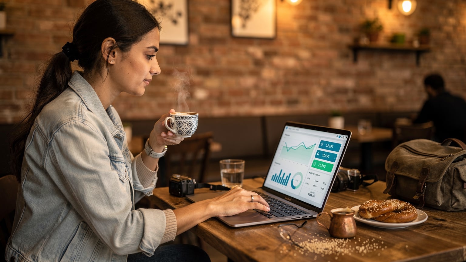 Bir dijital göçebe, elinde bir kahveyle cafe masasında duran laptopunun ekranında bir veri kullanım analizi uygulamasını kontrol ediyor, bütçe takibini yapıyor.