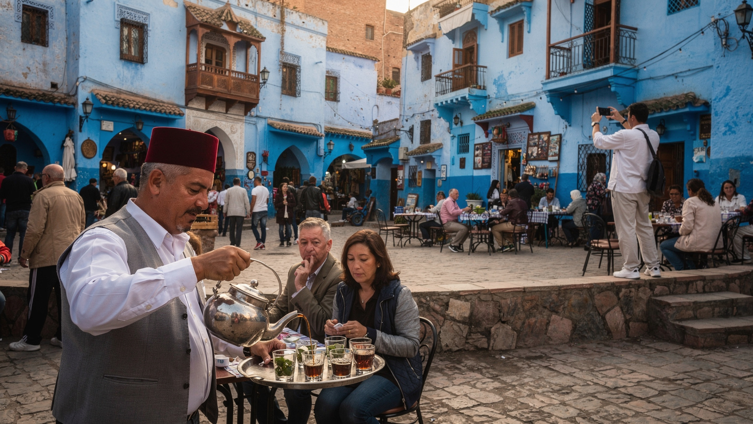 Tłum ludzi na Placu Uta el-Hammam w Chefchaouen, otoczonym charakterystycznymi niebieskimi budynkami. Turysta w tle robi zdjęcie smartfonem, a na pierwszym planie lokalny sprzedawca herbaty podaje miętową herbatę.