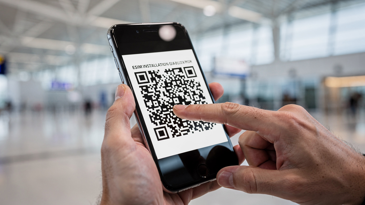 Zbliżenie na dłonie turysty, który trzyma smartfon z ekranem pokazującym kod QR do instalacji eSIM. Tło lekko rozmyte, sugerujące wnętrze lotniska z widocznymi elementami architektonicznymi.