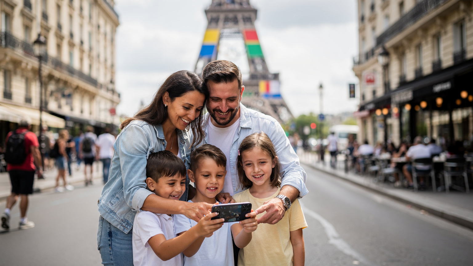 O familie românească fericită verifică programul evenimentelor olimpice pe un telefon mobil, cu Turnul Eiffel în fundal.