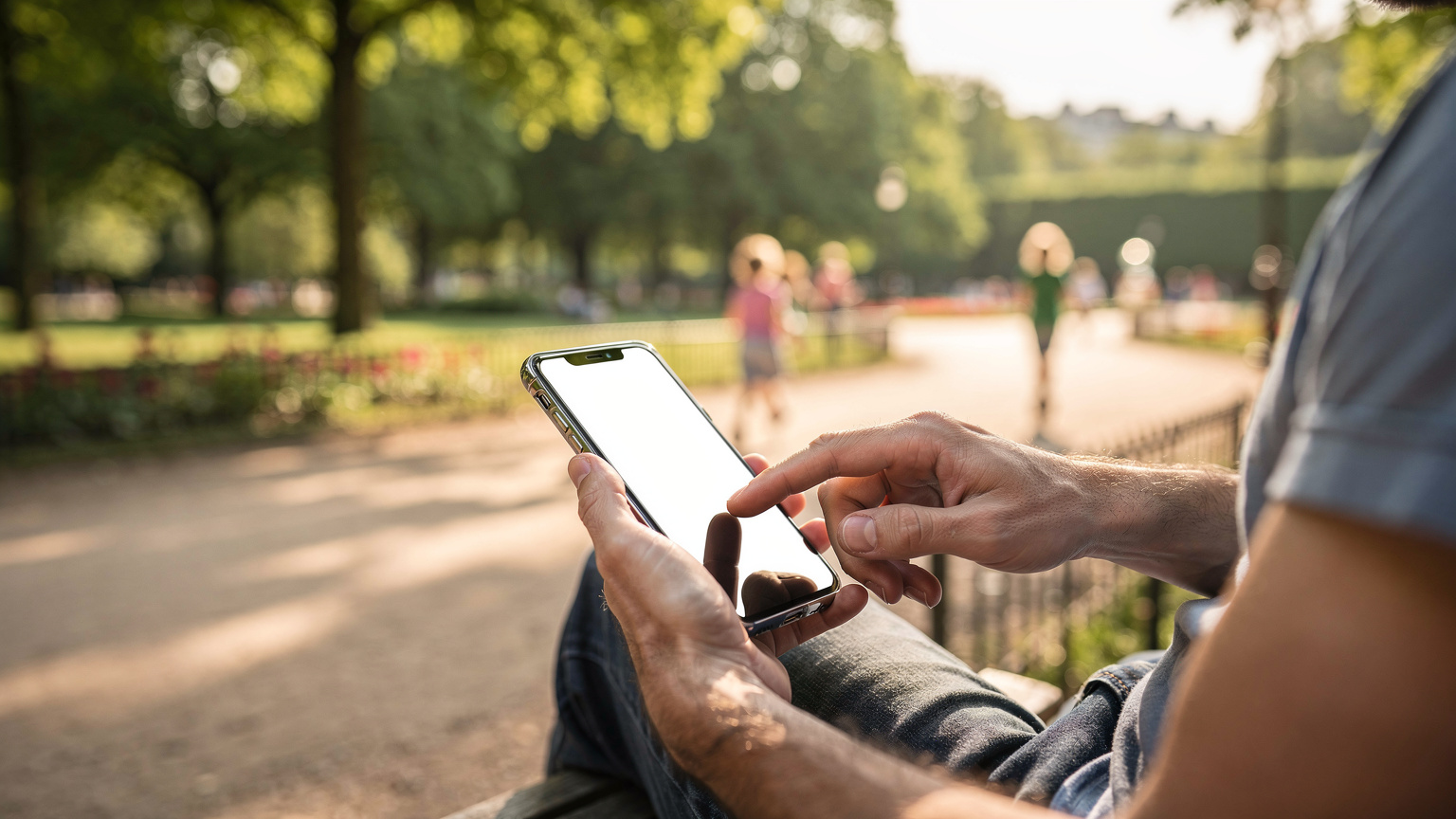 Mână de adult setând limite de timp pentru ecran pe un telefon, cu un fundal estompat al unui parc parizian, sugerând control parental în vacanță.
