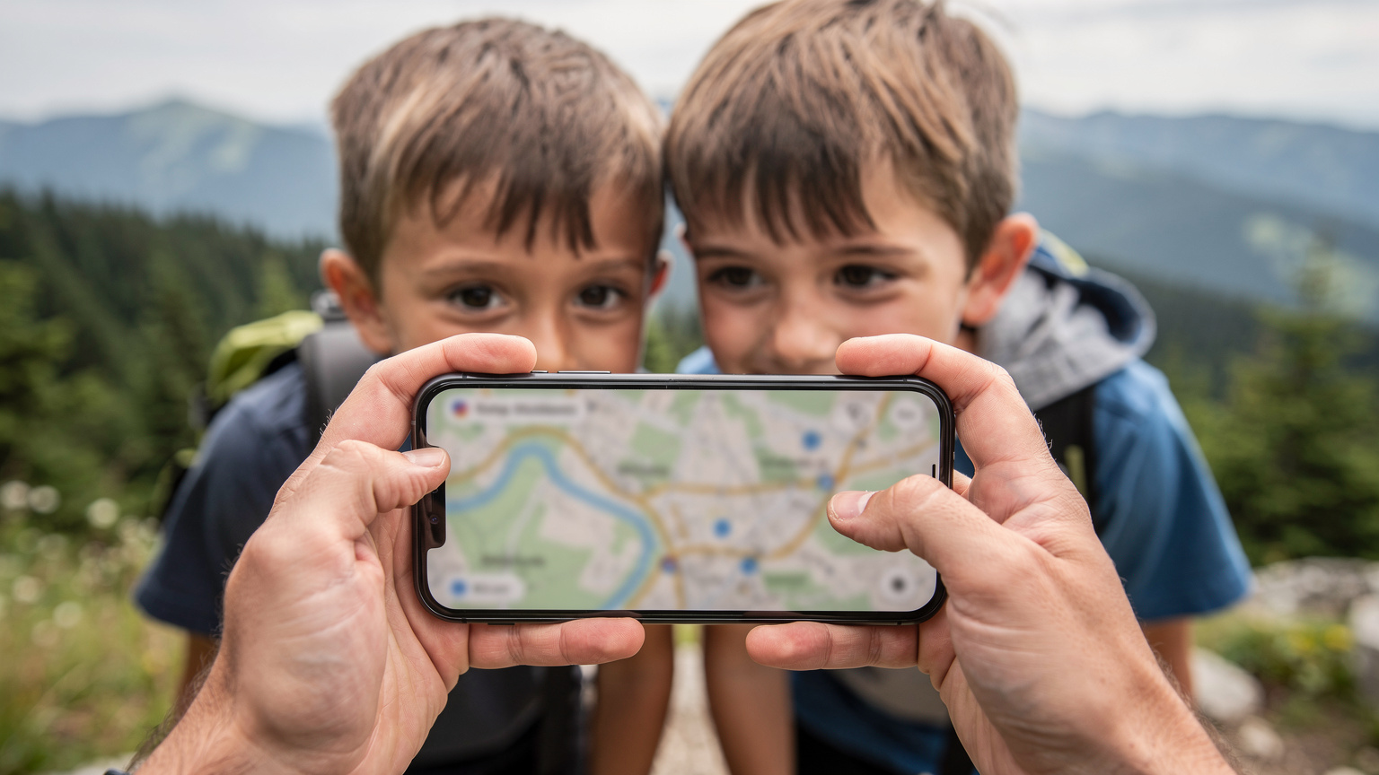 Rodič ukazuje deťom cestu na offline mape v telefóne, v pozadí sú viditeľné slovenské hory a lesy, čo naznačuje výlet v prírode.