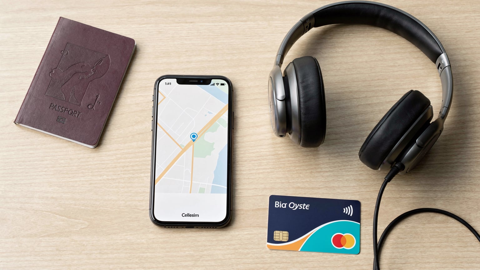 An overhead flat-lay of travel essentials: a passport, a Cellesim-branded phone with a map open, headphones, and a local transit card, perhaps from London's Oyster system.