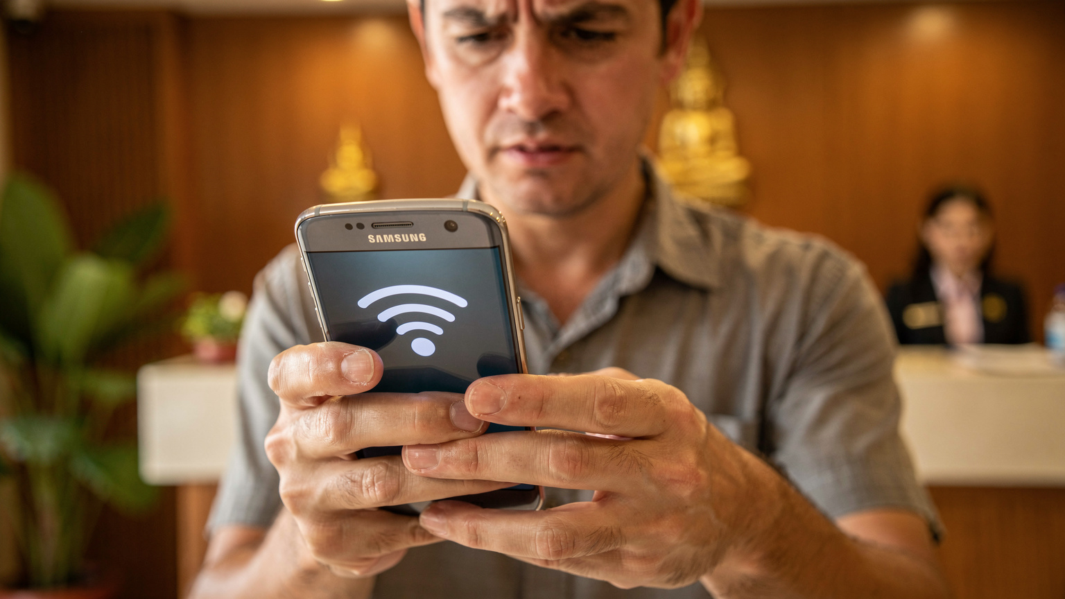 A person's hands holding an Android phone, looking confused, perhaps at a hotel reception desk in Bangkok, trying to troubleshoot connectivity.