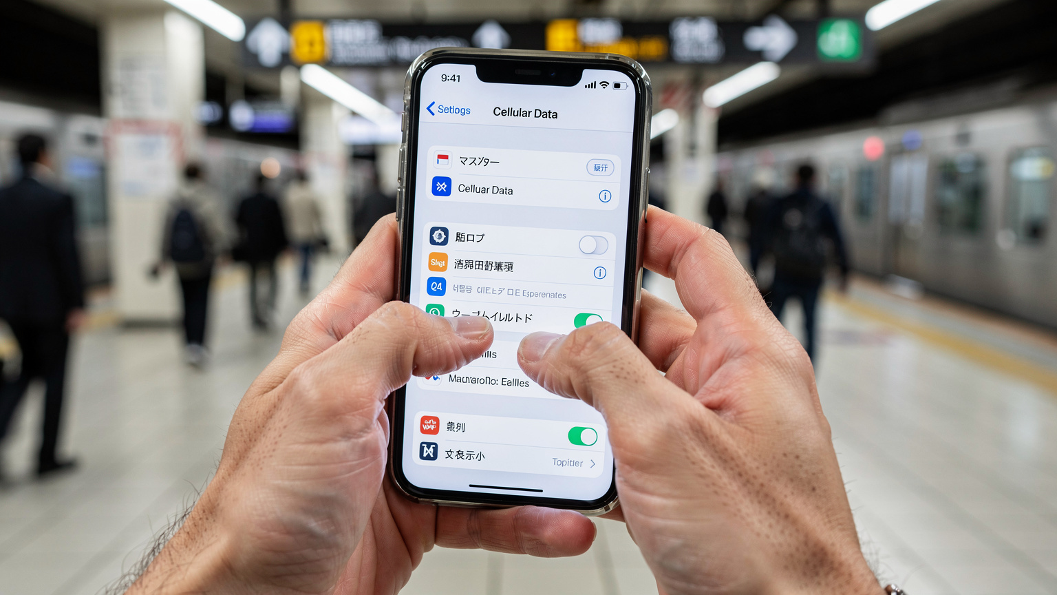 A close-up of a traveler's hands interacting with an iPhone in a train station, navigating through settings to find cellular information.