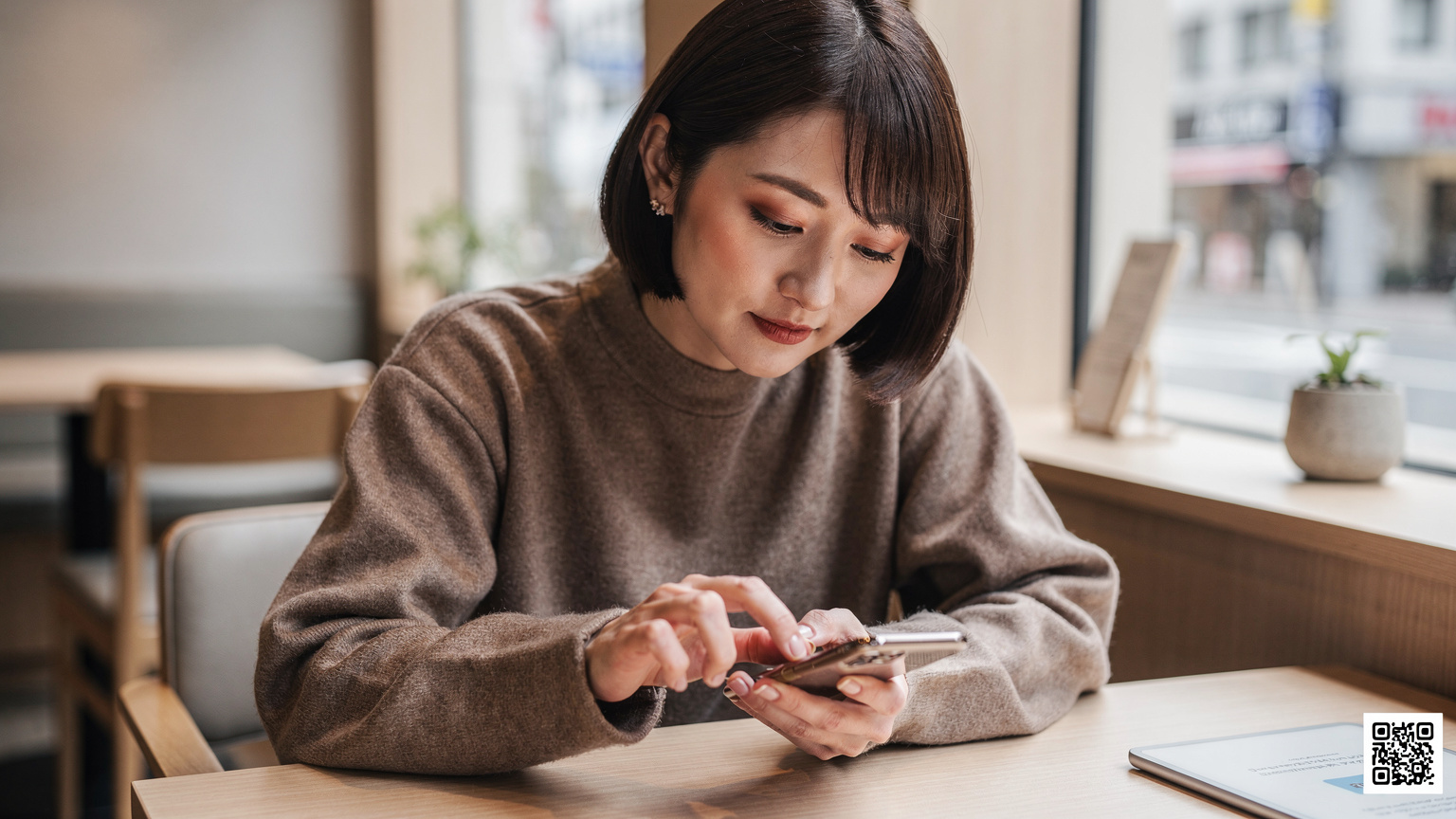 おしゃれなカフェで、窓から差し込む柔らかな光の中で、日本人女性がリラックスした表情でiPhoneを操作し、eSIMのQRコードをスキャンしている手元。