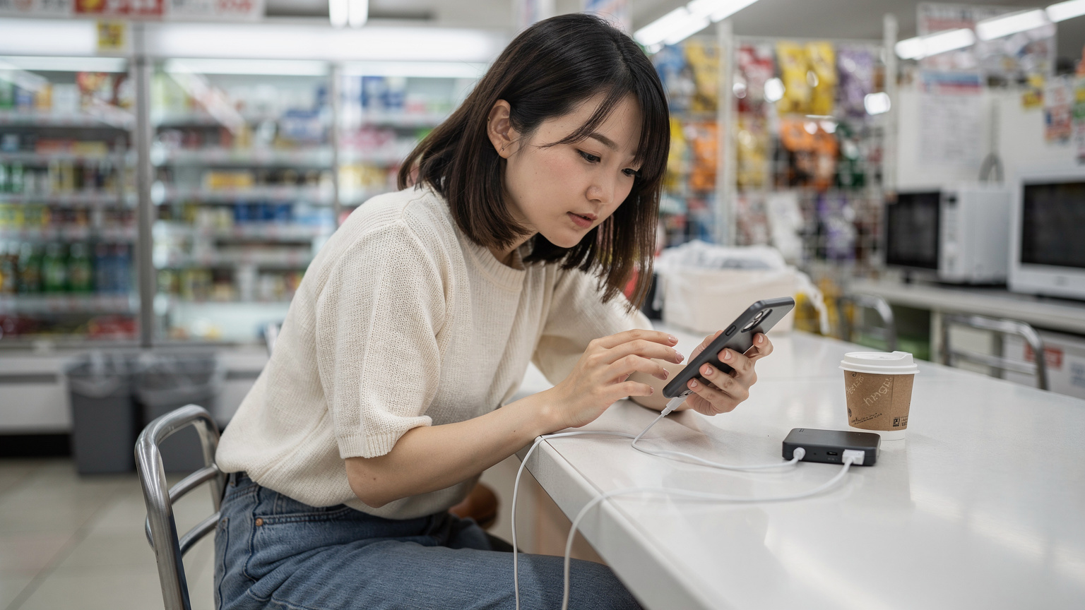 日本のコンビニエンスストアのイートインスペースで、iPhoneを充電しながらモバイルデータ通信の消費量をチェックしている女性。