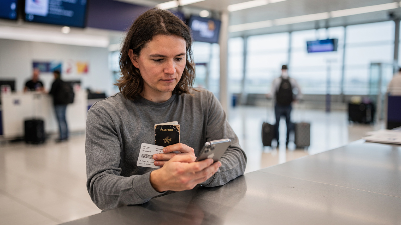 国際空港のチェックインカウンターで、搭乗券とパスポートを提示しながら、iPhoneのモバイル通信設定画面を真剣な表情で確認している旅行者。