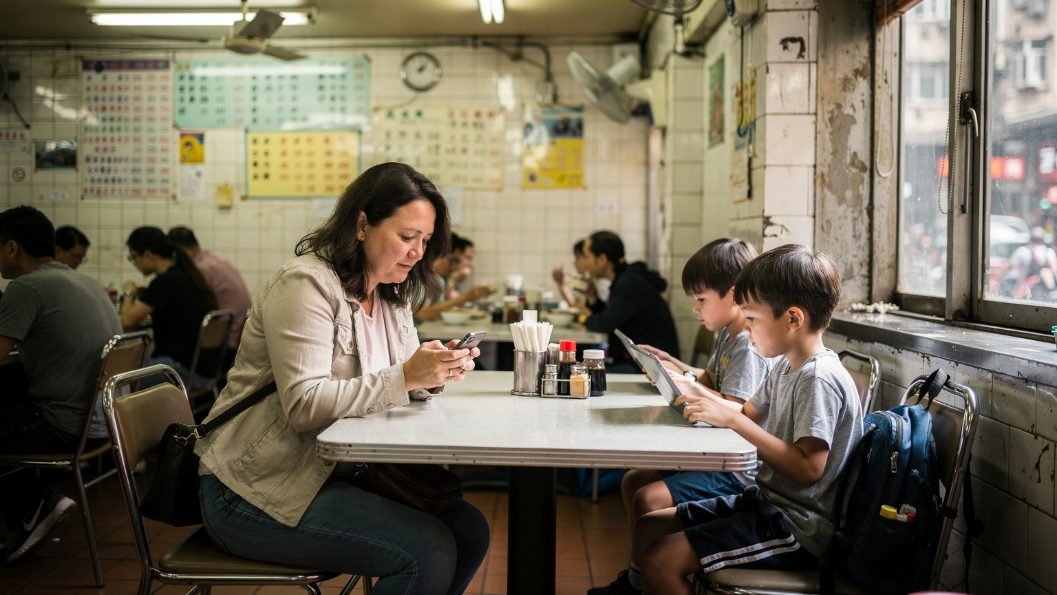 一位母親在香港一家典型的茶餐廳裡，正在使用手機查看行程安排，旁邊兩個孩子專注地看著平板電腦上的動畫片。