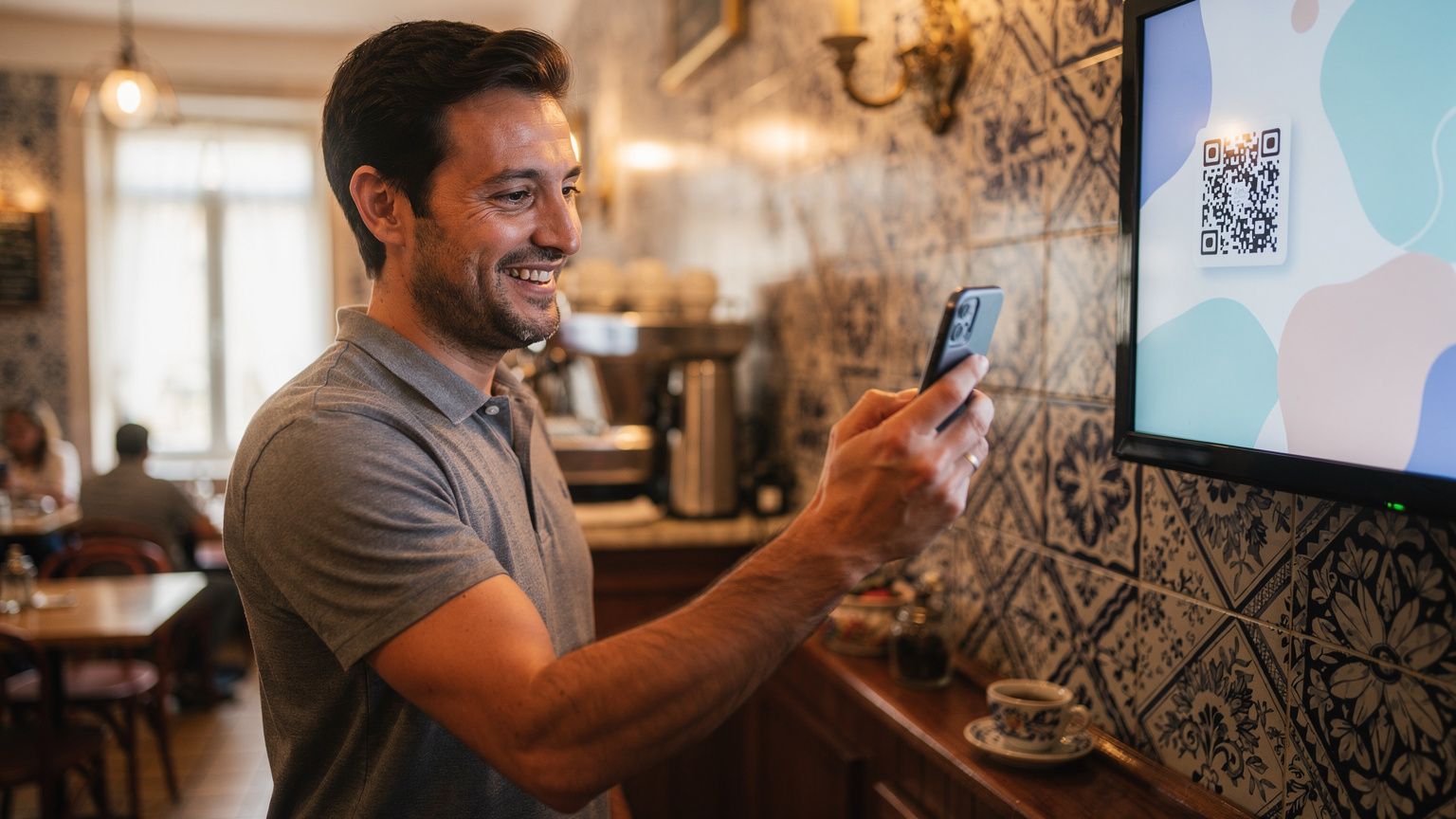 Un homme souriant dans un café de Lisbonne, tenant son iPhone, s'apprête à scanner un QR code affiché sur un écran mural, avec des carreaux azulejos traditionnels en arrière-plan, symbolisant l'activation facile de l'eSIM en voyage.