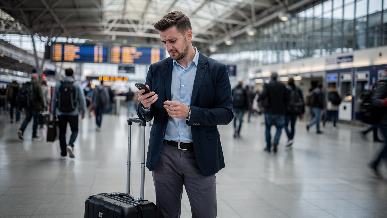 Un homme d'affaires élégant et un peu pressé, vérifie son iPhone avec une expression soucieuse dans la foule dense de la gare de Lyon Part-Dieu, avec des valises à roulettes à ses pieds, suggérant un problème de connectivité critique avant un départ.