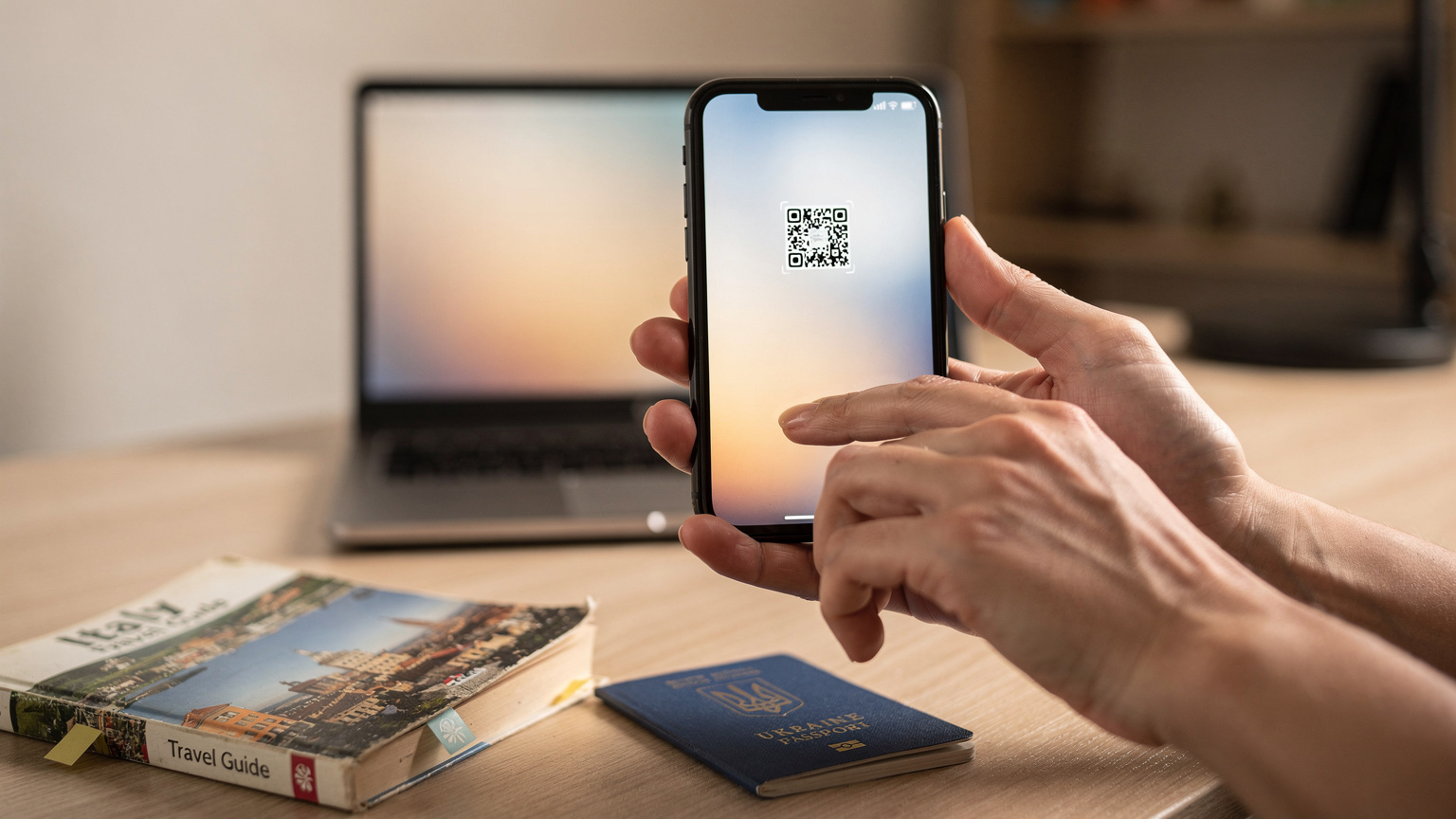 Зблизька зображення жіночих рук, які тримають смартфон і сканують QR-код, що відображається на ноутбуці, на тлі туристичного путівника та закордонного паспорта на столі.